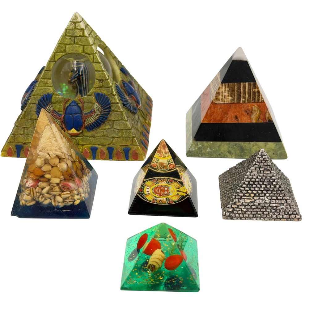 Vtg Pyramid Collection Paperweights Egyptian Aztec Stone Acrylic Metal 6pc Lot